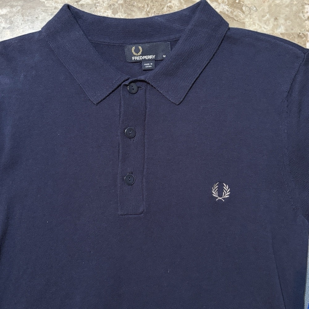 Fred Perry Polo Shirt Mens Medium Blue Sweater Collared Short Sleeve Wool Blend